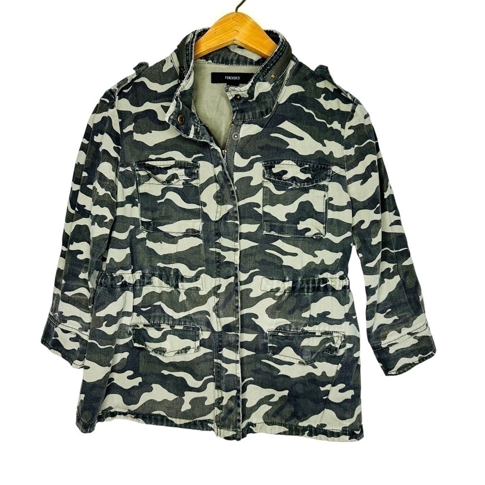 Forever 21 Green Army Camouflage Jacket Long Sleeve Full Zip‎ Size M - Picture 3 of 11